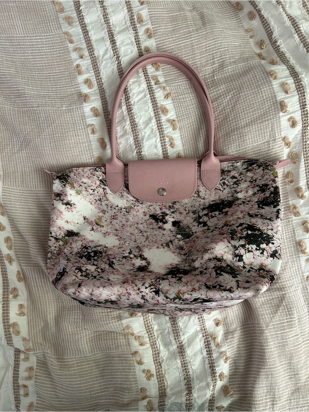 Longchamp Pink Floral Patterned Tote with Pink Handles